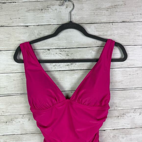 J Crew Ruched Plunge One Piece Swim Suit Pink Size 20 - Picture 4 of 7